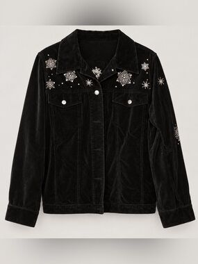 Embellished Black Velvet Jacket with Snowflake Details